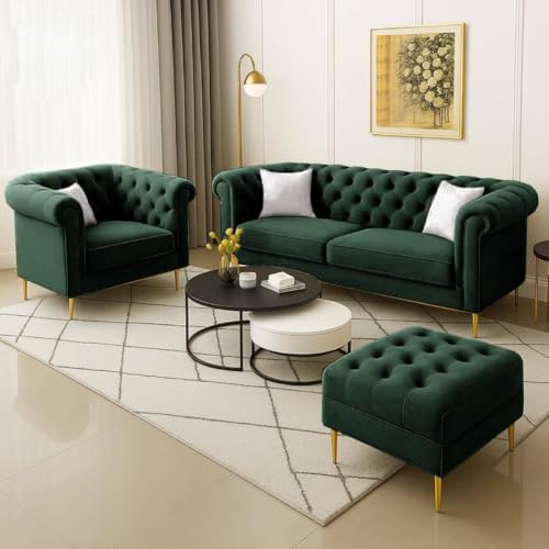 Image of Chesterfield Velvet Upholstery 3-Seater with Armchair and Footrest, Design in 3+1+Footrest Sofa for Living Room, Bedroom, Hallways (Dark Green)