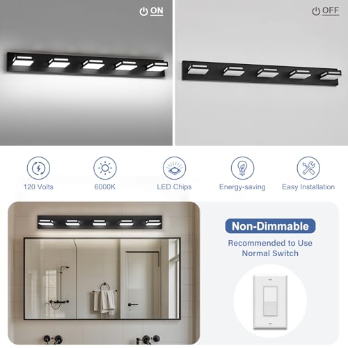 Image of LED Modern Bathroom Light Fixtures, 5-Light 40-Inch Matte Black Vanity Lights for Bathroom Lighting Fixtures Over Mirror, 6000K Cool White 350 Rotatable Wall Lamp