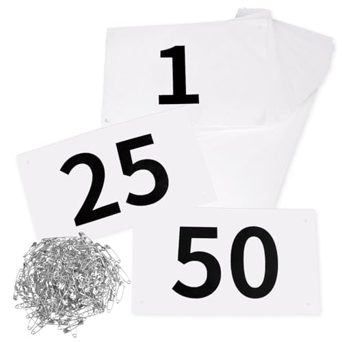 YAPJEB Race Bibs Number Pins, Tryout Numbers for Sports, Marathon Running Events Bib Tyvek Waterproof (Black&White Numbers 1-50)