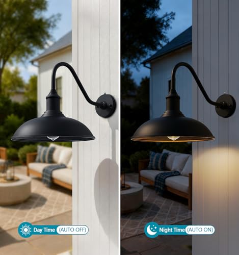 Image of 15 Inch Large Outdoor Farmhouse Barn Lights, Dusk to Dawn Gooseneck Lights, Vintage and Rustic Style Porch Lights for House, Patio Or Garage.