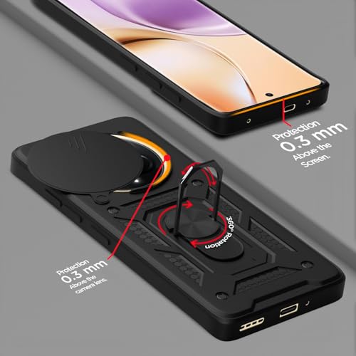Image of Pikkme Back Cover for Realme 14 Pro 5G | 360 Protection Case | Sliding Camera Shield Cover & Ring Holder Stand D10 Tough Armor Bumper Case (Black)