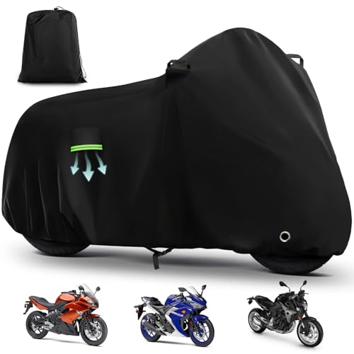 Motorcycle Cover Waterproof for Kawasaki Ninja 250 300 400 500 650/BMW F 900R, Heavy Duty Outdoor Sun UV Rain Dust All Weather Protection Motorbike Cover with Soft Cotton Lining & Lock Hole-Black