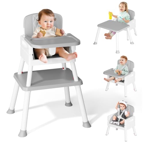 PAMPORPET 6 en 1 tronas de bebe, silla bebe comedor, trona para niños, escritorio, mesa de juegos y silla infantil, con cinturón de seguridad de 5 puntos y bandeja extraíble (gris)