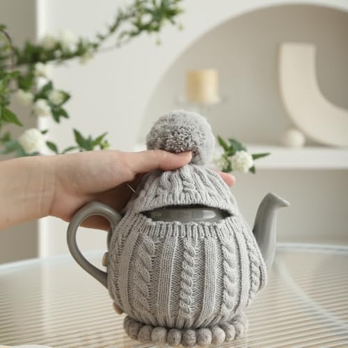 Image of One-Piece Cable Knit Teapot Cozy with Pom Pom Top, Acrylic Insulated Tea Pot Cover with 2 Button Fasteners & Lid Opening, British Style Hot Cold Insulator for 2 Cup 15-20oz Teapots,gray