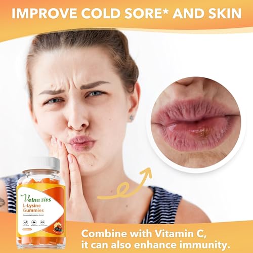 Velna zivs Chewable Lysine Gummies 1000mg for Adults, Sugar Free Cold Sore Treatment, Immune Support with Vitamin, Skin and Lips Health, Vegan, Non-GMO - 60 Counts