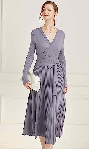 Image of Women's Long Sleeve Sweater Dress Ankle Length Fall Dress Vneck Knit Winter Dress