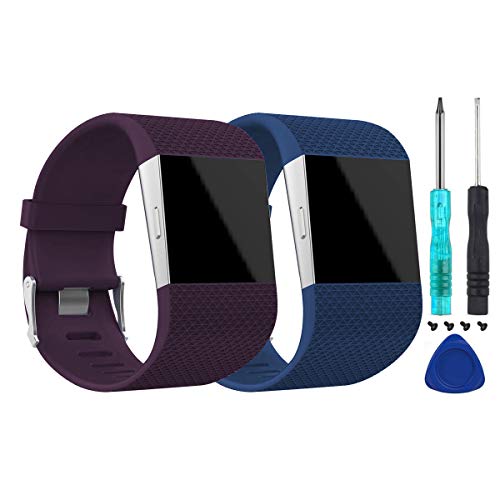 Fcloud 2Pcs Watch Bands with Metal Buckle Fitness Compatible with Fitbit Surge Wristband Strap for Women/Men (Purple/Dark Blue, Large)