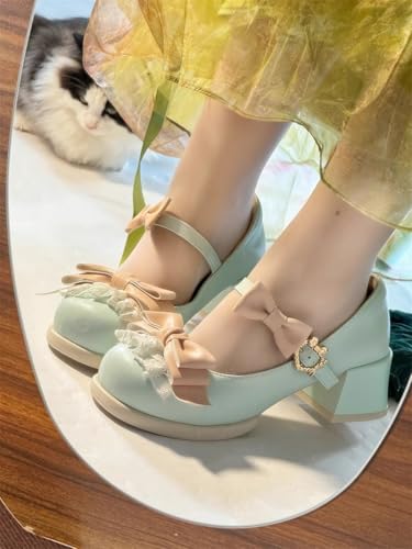 ZQW Women's Kawaii Mary Jane Shoes Low Block Heel Round Toe Bow Lace Trim Sweet Cute Ankle Strap for Lolita Cosplay Daily Wear Party Shoes4