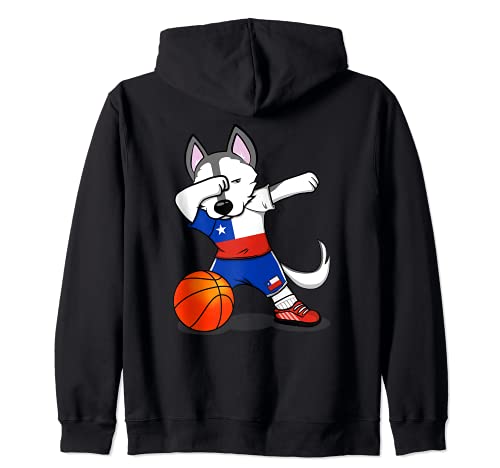 Dabbing Husky Dog Chile Basketball Fans Jersey Chilean Flag Zip Hoodie, Black