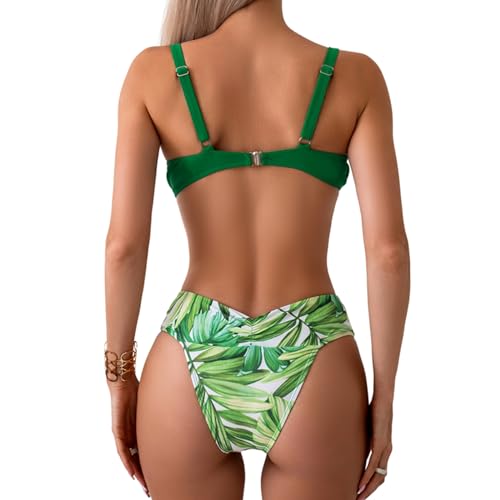 Green Leaves Matching Swimsuits for Couples, Women Bikini Set Thong Bottom+Push Up Top/Men Swimtrunks3