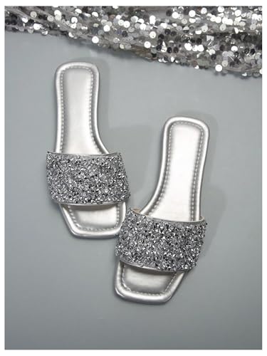 Image of GORGLITTER Women's Sparkly Jeweled Flat Sandals Dressy Open Toe Glitter Shiny Slippers Slip-on Shoes