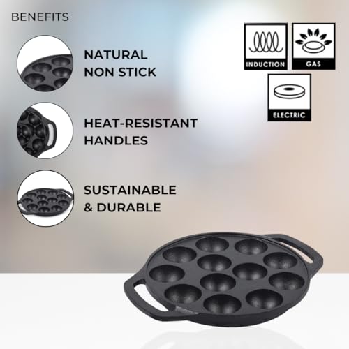 Image of Pencil Pre-Seasoned Cast Iron Appam Patra 12 Pit | Paniyaram Pan | Paniyarakkal /Appe /Litti /Paddu /Ponganalu | Compatible - Gas Stoves & Induction | Nonstick | Toxin-Free | No Chemical Coating | Black