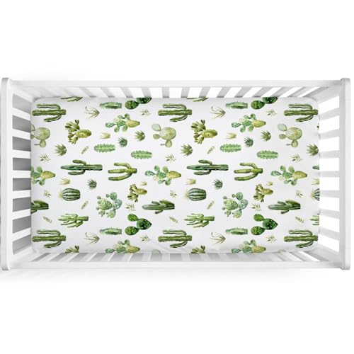 Image of Watercolor Green Cactus Baby Crib Sheet 52''x28'' Boho Cactus Leaves Stretchy Fitted Crib Mattress Cover for Boy Girl Wild Desert Plants Soft Baby Bed Sheets for Standard Crib and Toddler Mattress