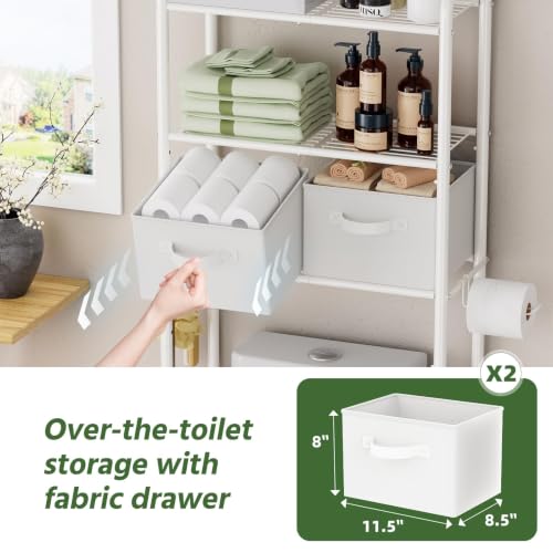 Image of Simple Trending Over The Toilet Storage Rack with Drawers, Metal 3 Tier Bathroom Organizer Shelf with Paper Holder and 3 Hooks, White