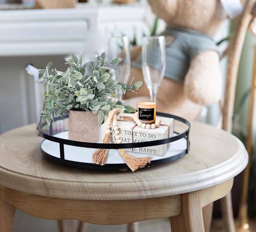Image of Medium Rustic Round Wooden Serving Tray with Handles for Kitchen, Dining, Coffee Table & Home Handcrafted Tea Snacks Breakfast Tray /White12x12x2inch