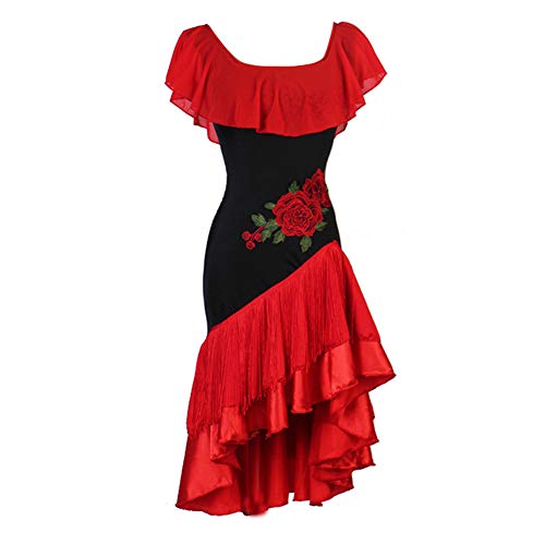Women Flower Pattern Practice Dance Wear Samba Costume Sexy Party Dresses Stretchy One-Piece Latin Dance Dress(Red,L)