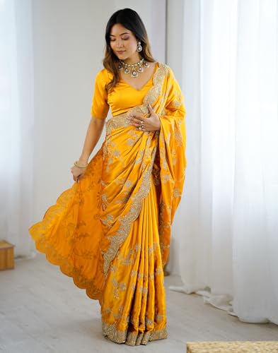 Image of SIRIL Women's Satin Embroidery And Scalloped Border Saree With Unstitched Blouse Piece