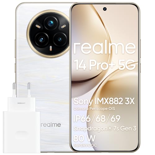 realme 14 Pro+ 5G Smartphone, Teléfono móvil Android, 8+ 256 GB, 6.83', 50 MP Sony Cámara OIS, Diseño Que Cambia de Color con el Frío, IP69, Pantalla de 120 Hz, 5260 mAh, Blanco (con Adaptador)