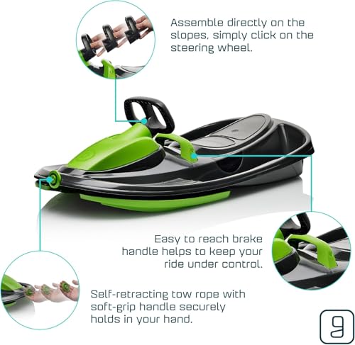 Gizmo Riders Snow Sled for Kids, Adults - Toboggan Sled, Easy Turning Steering Wheel, Anti-Slip Seat, Pull Up Brake, Durable Plastic Sled, Lightweight, Snow Sleds, Age 3+, 260 lbs by Gizmo Riders - Image 2