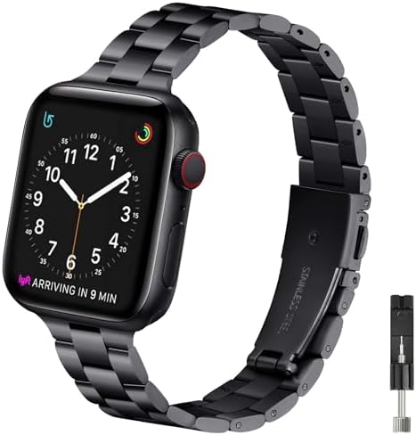 BesBand Slim Band Compatible with Apple Watch Band Iwatch Bands Bracelet 41mm 40mm 38mm 42mm 44mm 45mm 49mm Series 9 8 7 6 5 4 Series3 2 1 SE Ultra Stainless Steel Metal Smart Strap Accessories Straps for Men and Women -Black