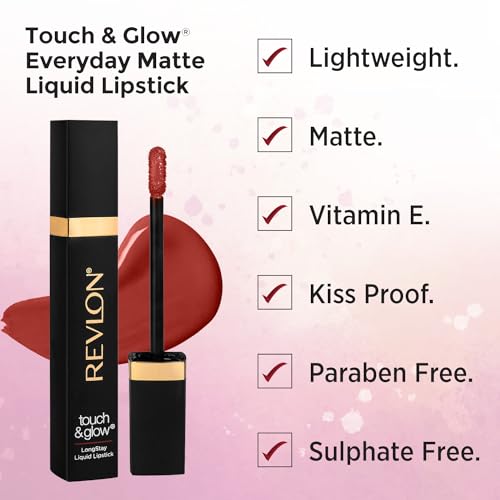 Image of Revlon Touch & Glow Everyday Matte Liquid Lipstick|Lightweight, Transferproof, Kiss Proof, Non Sticky infused Vitamin E|Parabeen & Sulphate free Noble- Brown (Pack of 2)