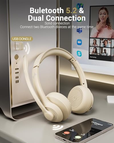 Image of JIAMQISHI Bluetooth V5.2 Office Headset in Apricot, Wireless Headphones with Noise Reduction Microphone, USB Receiver and Mic Mute for Video Conference & Cellphones