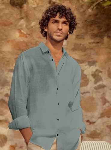 Image of Men's Long Sleeve Linen Shirt, Button Down, Casual Collared, Full Sleeve Shirt