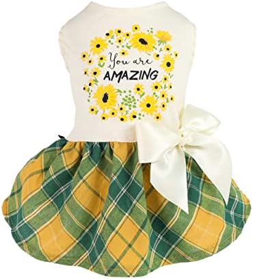 Fitwarm You are Amazing Floral Pet Dog Dress, Daisy Flower Clothes for Small Dogs Girl, Daisy Sleeveless Puppy Sundress, Cat Apparel for Summer, 100% Cotton, Plaid, Green Yellow, Medium