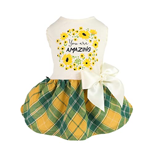 Fitwarm You are Amazing Floral Pet Dog Dress, Daisy Flower Clothes for Small Dogs Girl, Daisy Sleeveless Puppy Sundress, Cat Apparel for Summer, 100% Cotton, Plaid, Green Yellow, Medium