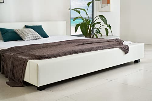 Greatime Queen Size Bed Frame, White Color, Modern Design Upholstered Platform Bed, No Box Spring Needed, Strong Wood Slats Support, Easy Assembly, Simple Classic Bed, White Bed #TOP3