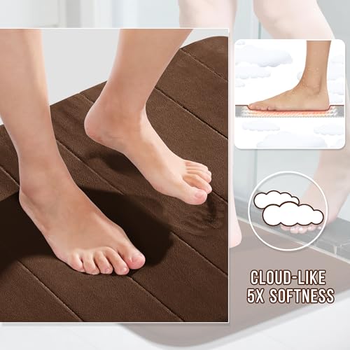Image of Yimobra U-Shaped Toilet Bath Mat Set 2 Piece - Super Soft Absorbent Quick Dry Memory Foam Bathroom Rugs, Machine Washable Non Slip Floor Carpet for Tub Shower & Single Sink (17x24 & 24x20, Brown)