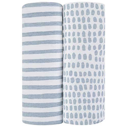 Image of Ely's & Co. Patent Pending Waterproof Changing Pad Cover|Cradle Sheet 2-Pack Set for Baby Boy - 100% Cotton, Jersey Knit Cotton Sheets with Waterproof Lining - Misty Blue, Stripes and Splashes