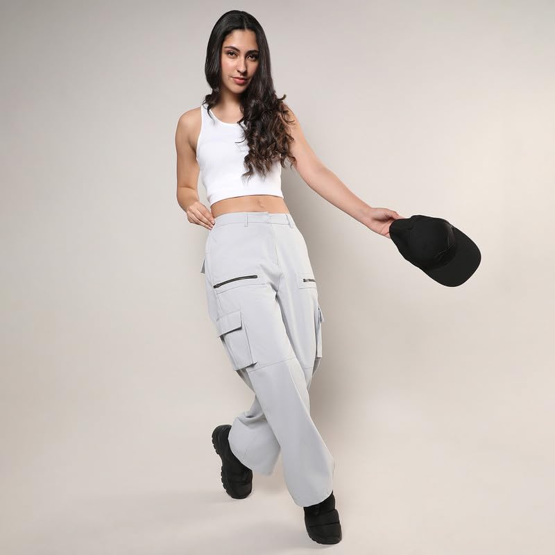 Image of PINACOLADA Women's Moon Grey Straight Fit Cargo Trousers for Casual Wear | 6 Pockets | Regular Fit | Button Closure | Cargo Pants Crafted with Comfort Fit for Everyday Wear