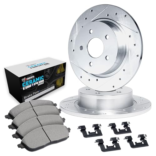 Image of R1 Concepts Rear Brake Kit Fits 2002-2024 Nissan Altima; 2004-2008 Nissan Maxima; 2007-2019 Nissan Sentra; 2011-2017 Nissan Juke| Euro Ceramic Pads, Drilled Slotted Rotors| Hardware| 11.5 inch Rear