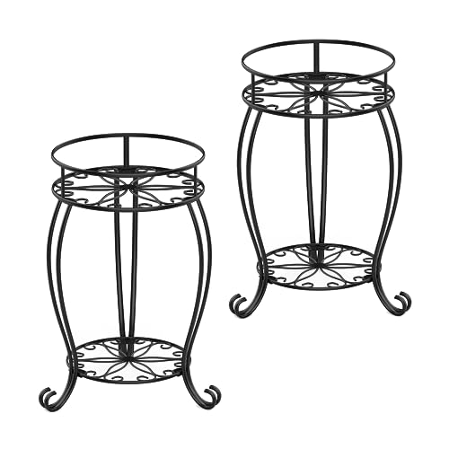 FaithLand 2 Pack Plant Stands, Heavy Duty Metal Planter Holder Indoor Outdoor, 2 Tier Round Potted Supports Rack, Corner Display Shelf Black