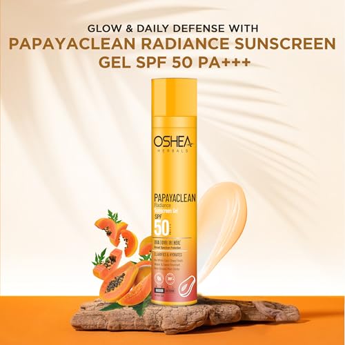 Image of Oshea Herbals Papayaclean Sunscreen Gel SPF 50 PA+++ for Women & Men | Hydrates & Protects from Sun & Pollution | Reduces Dark Spots & Premature Aging | Enriched with Niacinamide | All Skin Type 50ml