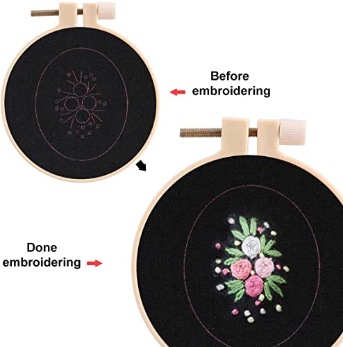 Image of levylisa Embroidery Beginner Kit 3 Patterns Embroidery Starter Kit with Hoop Embroidered Stitching Necklace Pendants Floral Plate Jewelry Necklace for DIY Art Crafts Sewing and Hanging(Type 2)