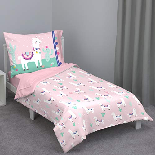Everything Kids Pink & Mint Llama 4Piece Toddler Bed Set - Comforter, Fitted Bottom Sheet, Flat Top Sheet, Reversible Pillowcase, Pink, Mint, Navy, Raspberry