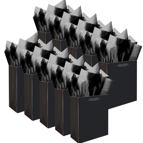 qiqee 10PCS Black Mini Gift Bags with Tissue Paper Handles 6.3x4.7x2.4 Small Size Present Party Favor 10pcs Bags Tissue Paper