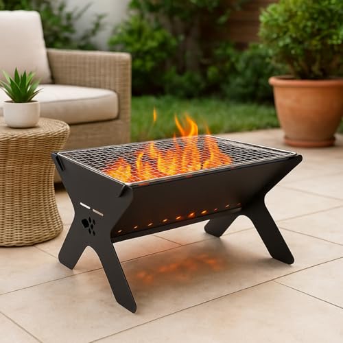 Image of ecofynd Portable Charcoal Barbeque Grill, Modern Foldable & Compact BBQ Set for Home, Picnic, Camping, Traveling, Outdoor Cooking, Bonfire, Heavy Duty Firepit Tandoor tools (Stellar Black, BBQ002)