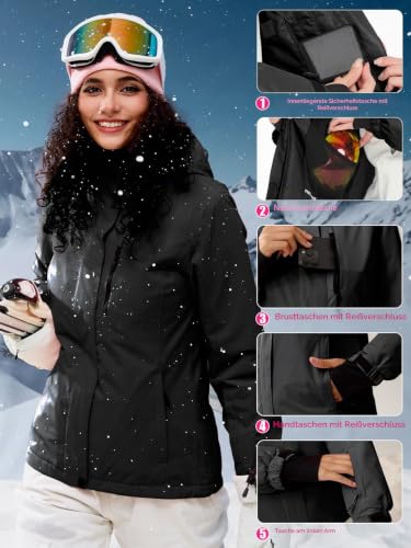 FREE SOLDIER Damen Winterjacke Wasserdicht Atmungsaktiv Warme Fleece Gefütterte Ski Jacke Outdoor Winterregenjacke mit Kapuze und Vollständig Versiegelte Nähte (Schwarz,XL)