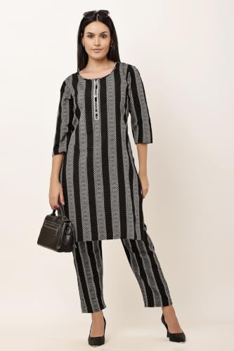 Image of Women Cotton Blend Kurti Pant Set for Women Ethnic Printed Straight Kurta with Pants Co Ord Set Casual Office Wear Traditional Kurta Set Blue 3 /4 Sleeve Round Neck