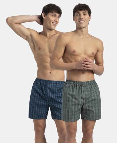 Image of Jockey 1222 Men Super Combed Mercerized Cotton Woven Checkered Boxer Shorts with Back Pocket (Pack of 2, Colors & Prints May Vary)