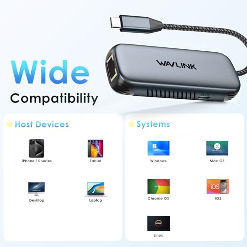 WAVLINK USB-C auf 2.5GbE Ethernet Adapter mit 95W PD - Kompakter RJ45 Netzwerkadapter für iPhone 15/iPad/Laptop - 2.5Gbit/s Aluminium-Design - Windows/Mac/iOS/Linux/Chrome OS