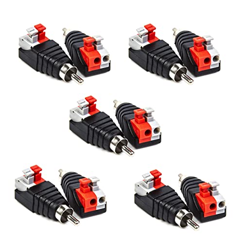 RCA Plugs for Speaker Wire, Xafissy 10 Packs Speaker Wire Cable to RCA Connector Adapter to Audio Male and Female AV 2 Screw Terminal Female Video Audio Spring Press Type Balun for CCTV