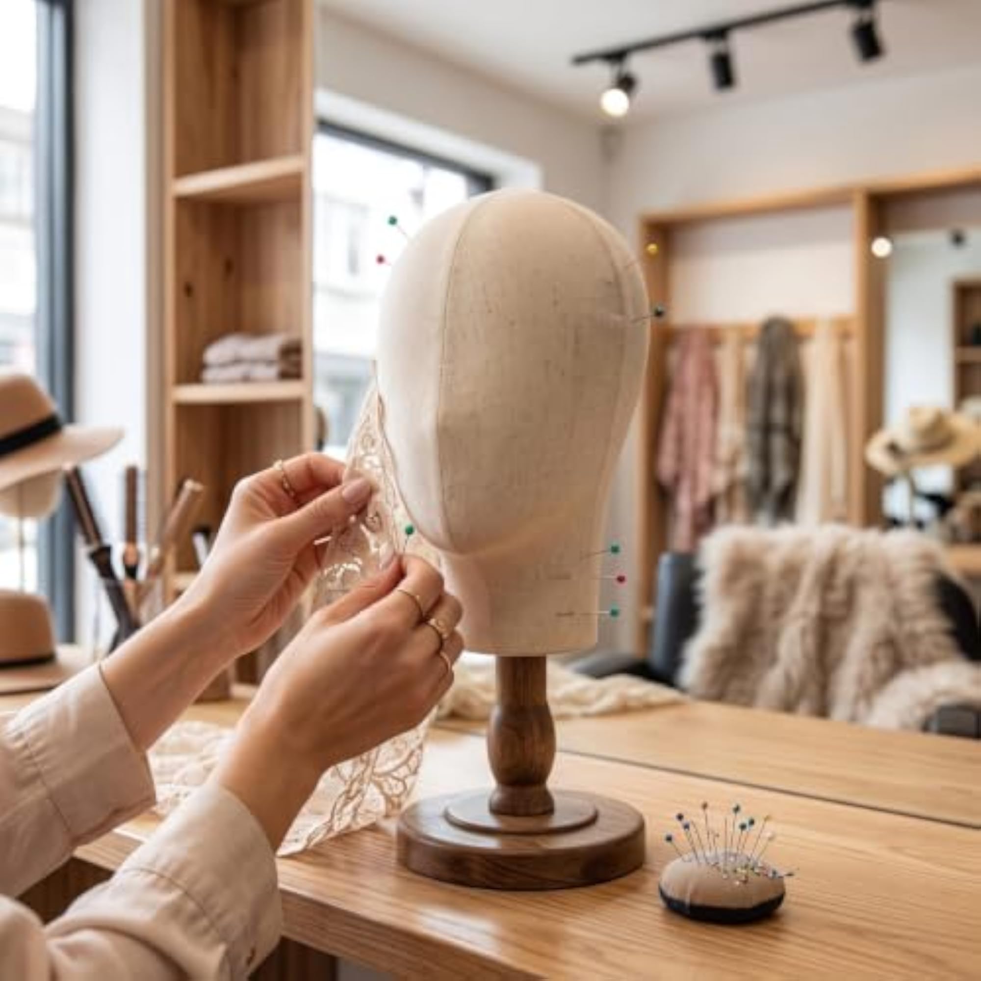 Pin-Insertable Hat Display Stand with Wooden Base