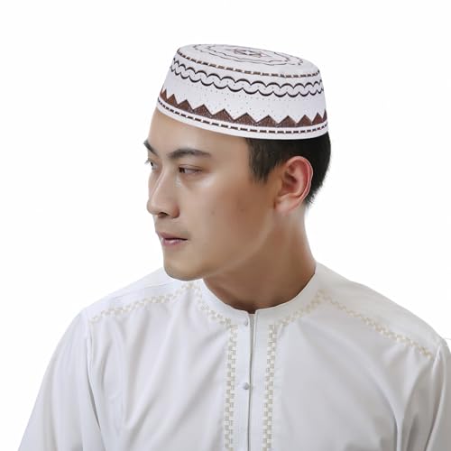 Image of Men Muslim Prayer Kufi Hat Prayer Headwear Cap Islamic Beanie Skull Cap Embroidery Kofia Topi Sun Hat