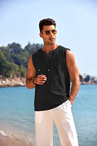 Image of COOFANDY Men's Cotton Linen Sleeveless Shirts Casual Tank Top Beach Tunic