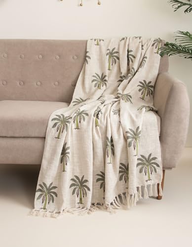 Image of Handwoven Cotton Sofa Throw Blanket 50x70 Inch with 2 pcs Cushion Covers 16x16 Inches Beige (Pack of 3, Palm Tree)