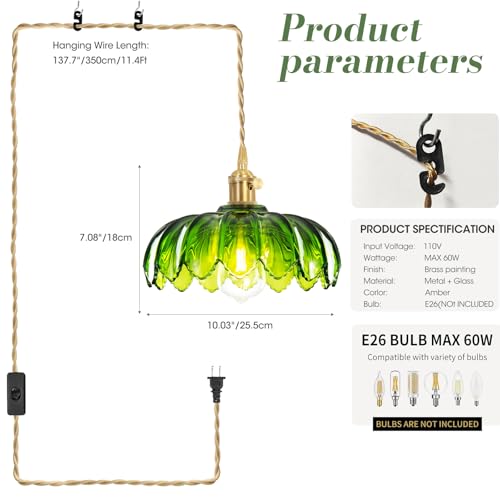 Plug in Pendant Light, Hanging Lights with Plug in Cord, Hanging Light Fixture with Green Glass, E26 Pendant Lighting for Kitchen Island, Bedroom, Dining Room, Living Room - Image 5